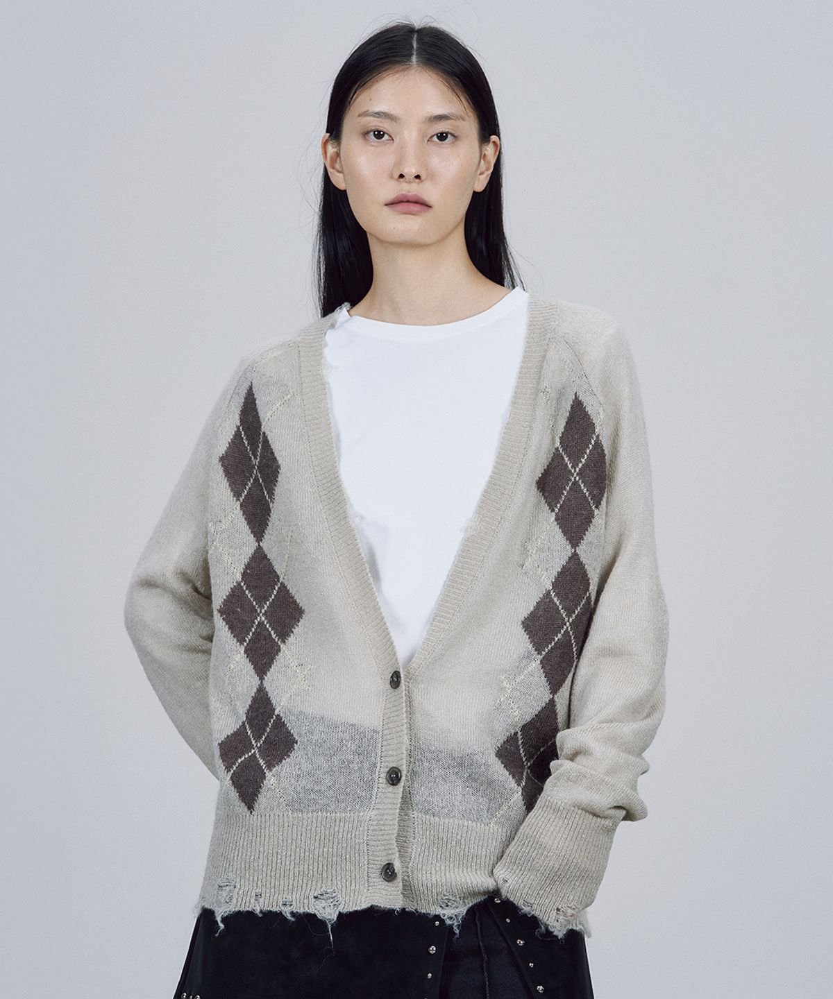 솔티페블(SALTY PEBBLE) ARGYLE CHECK DESTROYED CARDIGAN [GREY]