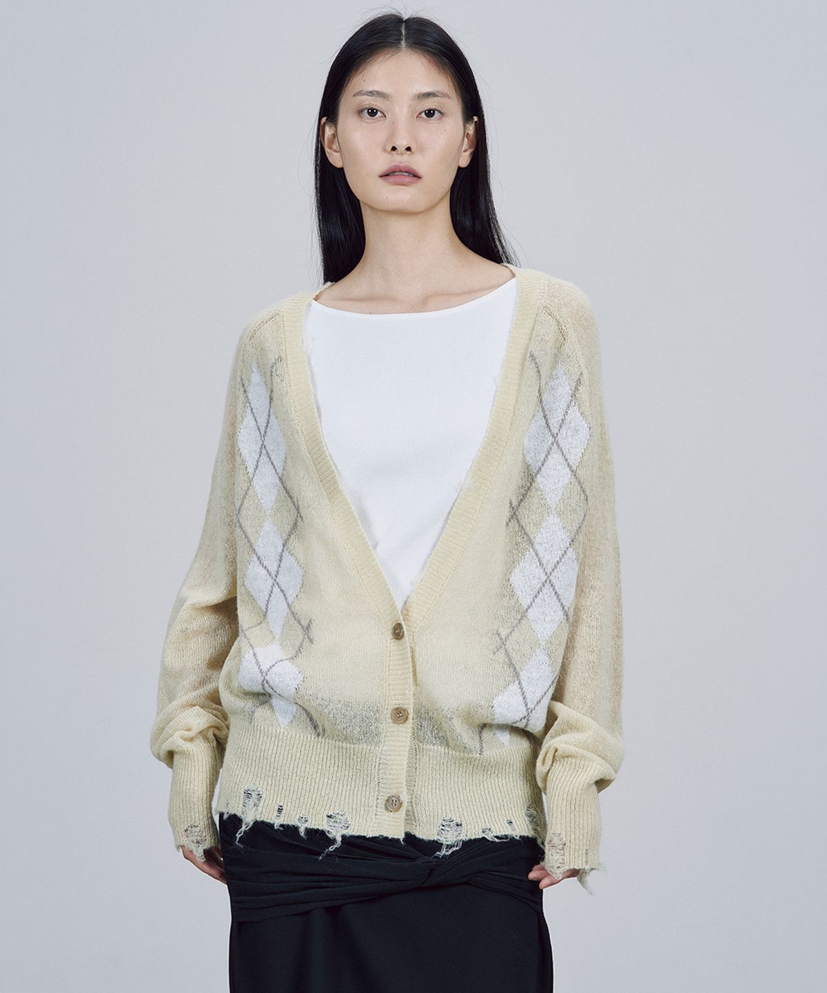 솔티페블(SALTY PEBBLE) ARGYLE CHECK DESTROYED CARDIGAN [LIGHT YELLOW]