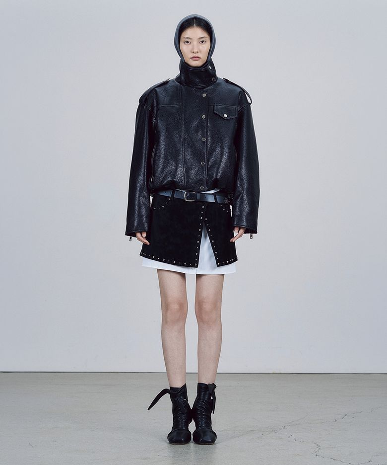 HIGH NECK FAUX LEATHER JACKET [BLACK]