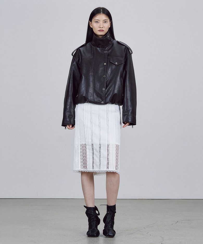 HIGH NECK FAUX LEATHER JACKET [BROWN]