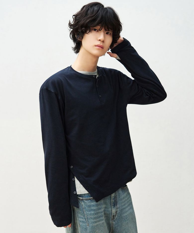 사이드 플라켓 헨리넥 롱슬리브 [NAVY]