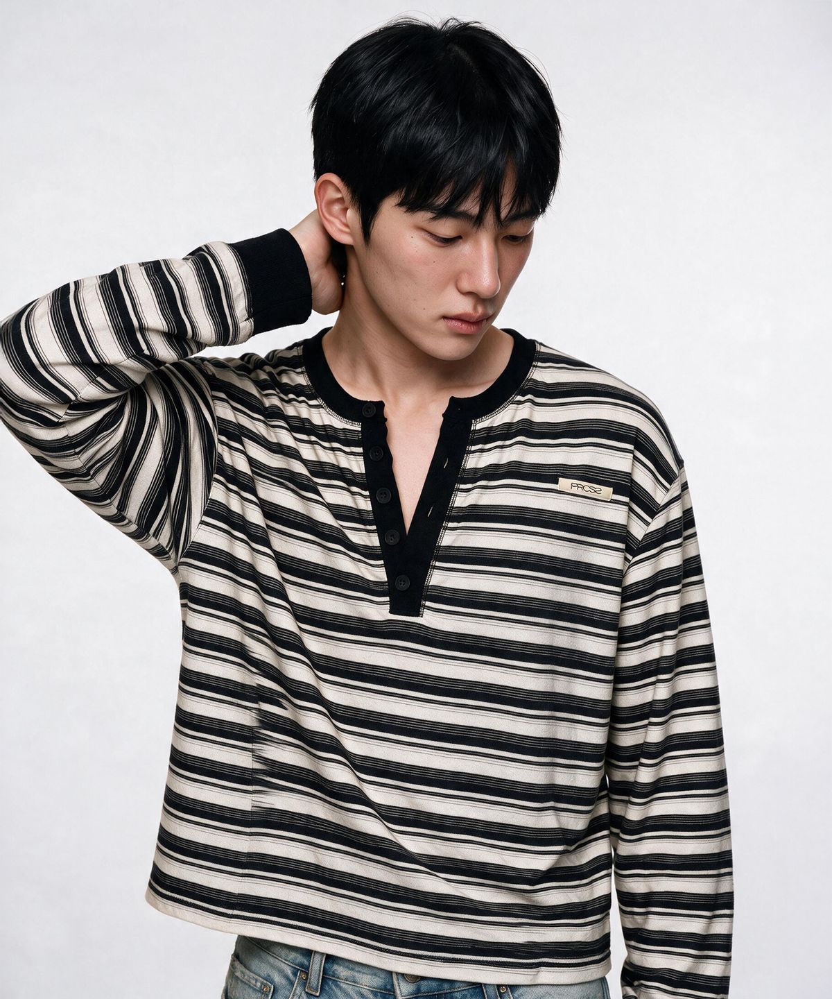 피알씨에스에스(PRCSS) Vintage stripe Henley sleeve - Black