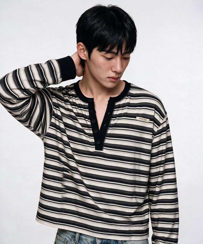 Vintage stripe Henley sleeve - Black