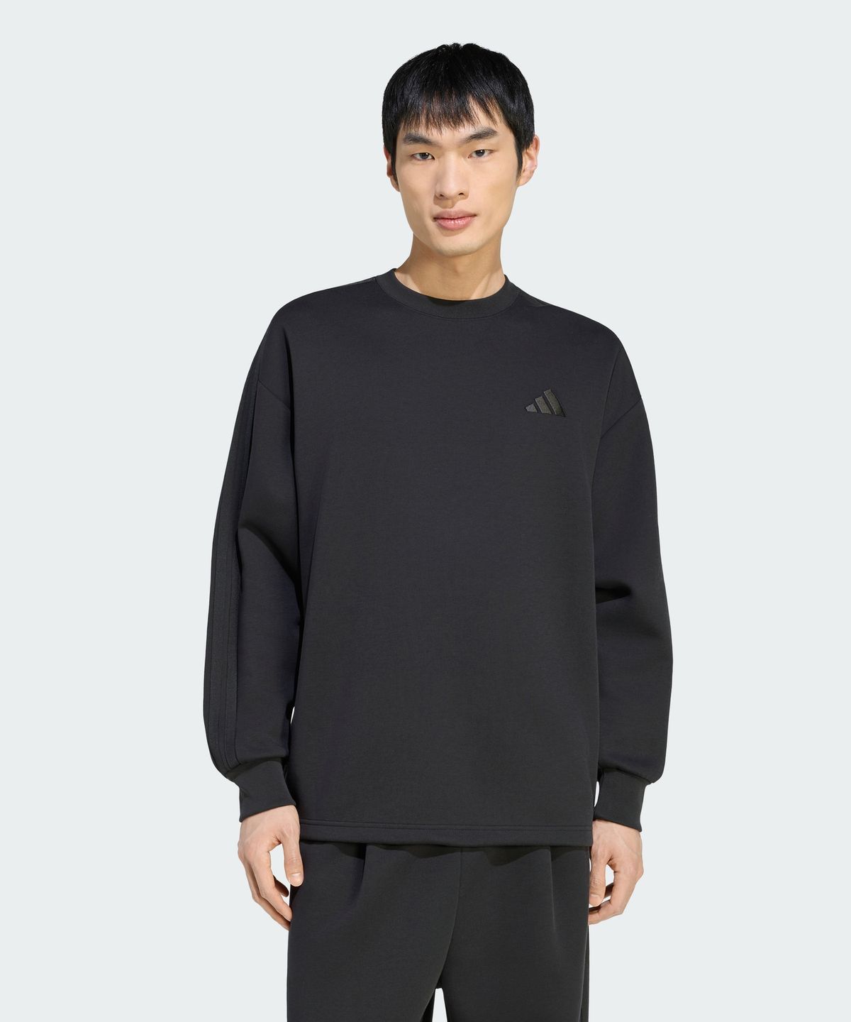 아디다스(ADIDAS) 에센셜 플러스 루즈 핏 3-스트라이프 컨템퍼러리 스페이서 니트 스웨트셔츠 KV5913