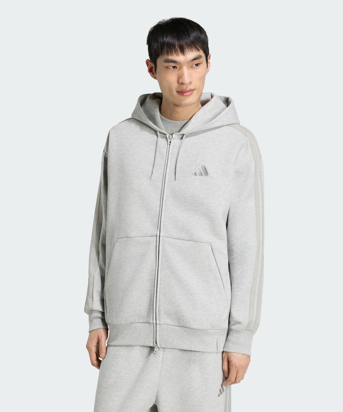 아디다스(ADIDAS) 에센셜 플러스 루즈 핏 3-스트라이프 컨템퍼러리 스페이서 니트 풀 지퍼 후디 KV8346