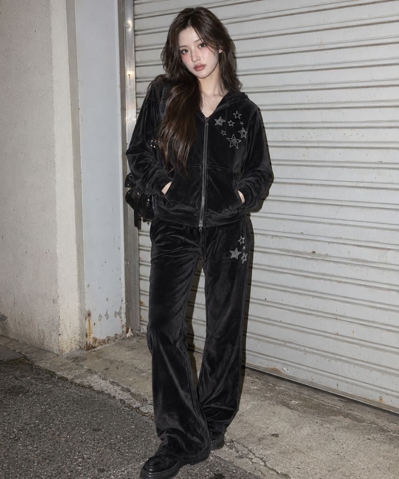 [SET] 스타 핫픽스 벨벳 크롭 후드집업+벨벳 부츠컷 팬츠