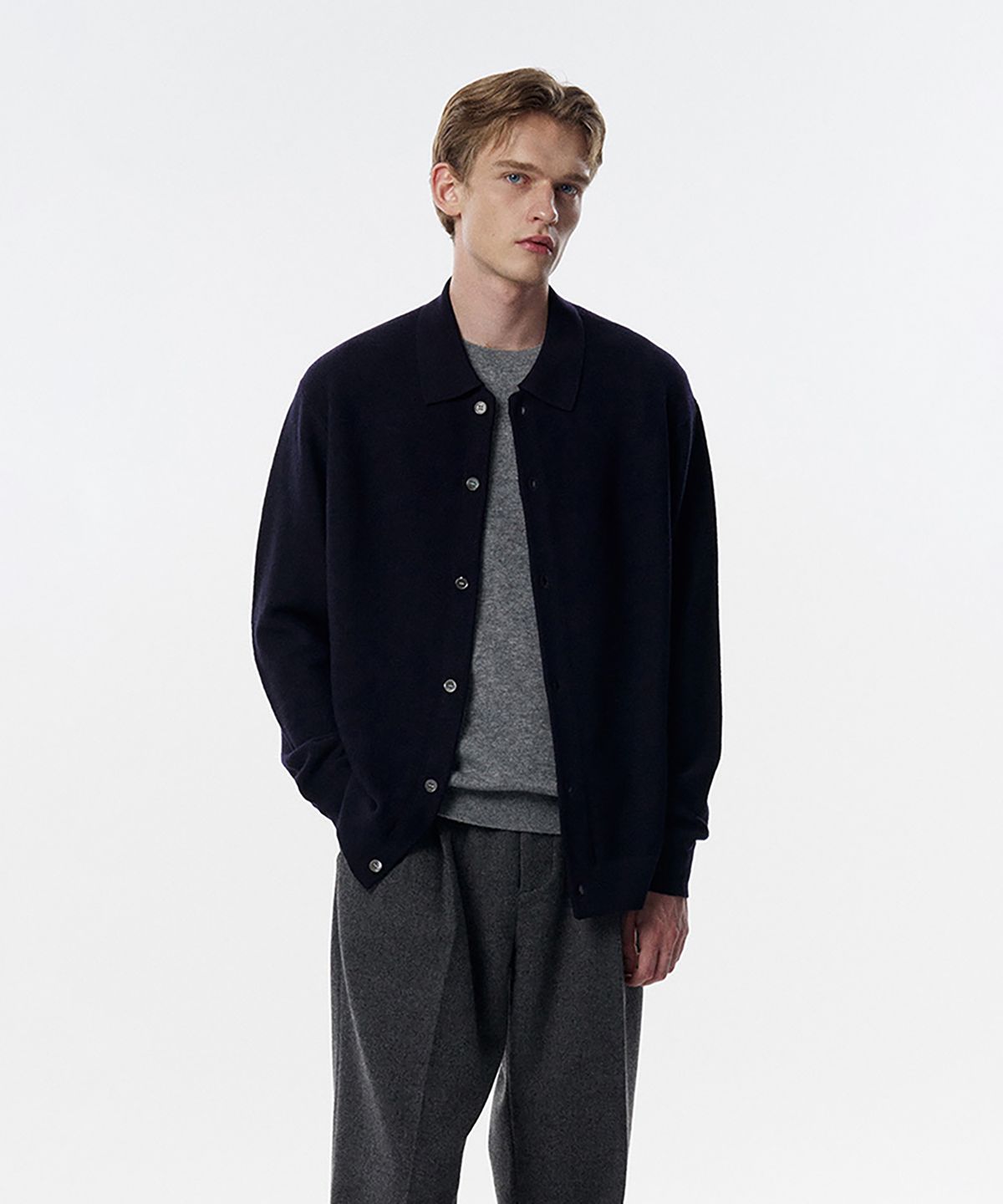 테일던(TAILDERN) Capote Knit Polo Wool Cardigan Navy