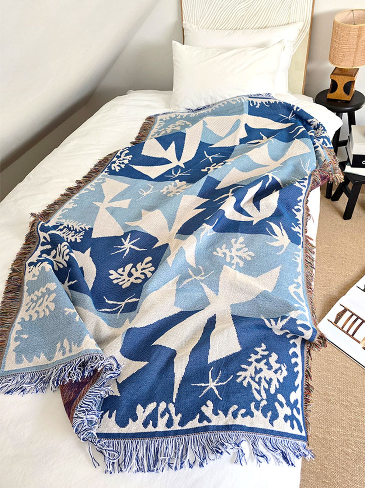 블랑쉬하우스(BLANCHE HOUSE) 블랑쉬 블루 버드 가든 코튼 아트 직조 블랭킷