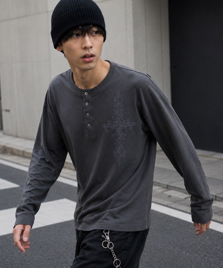[ODNR UNISEX]SIM CROSS 헨리넥 롱슬리브 티셔츠_Charcoal