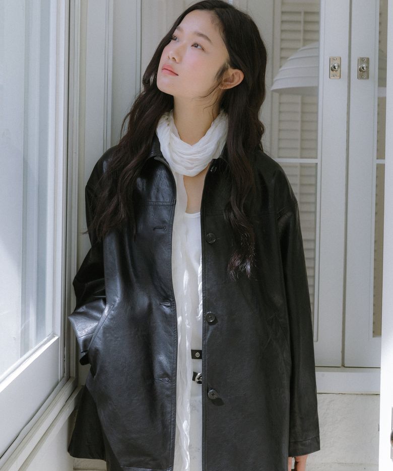 스트레이트 미디 레더 자켓 (블랙)