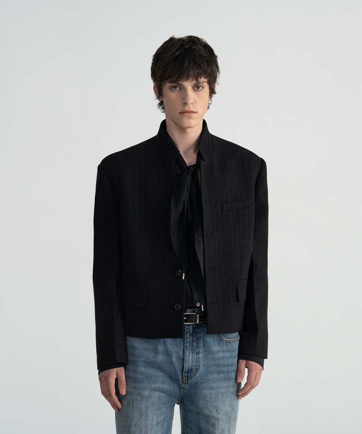 노이스(NOICE) STAND COLLAR TWEED STRIPED JACKET - BLACK