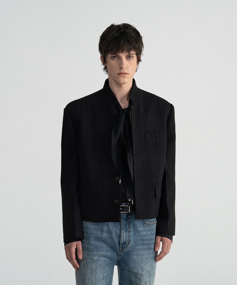 STAND COLLAR TWEED STRIPED JACKET - BLACK