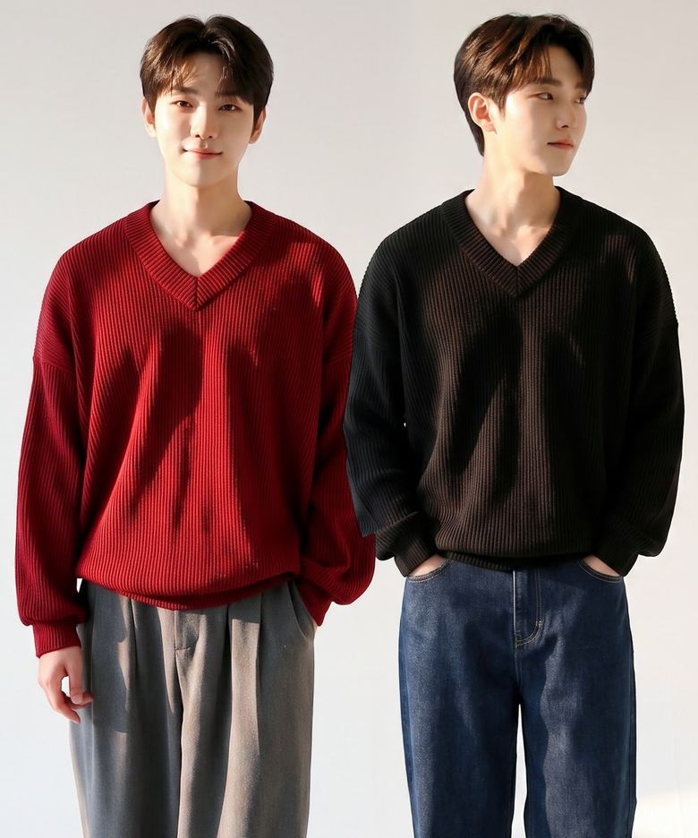 퓨어 오버핏 스판골지 V넥 맨투맨 7COLOR