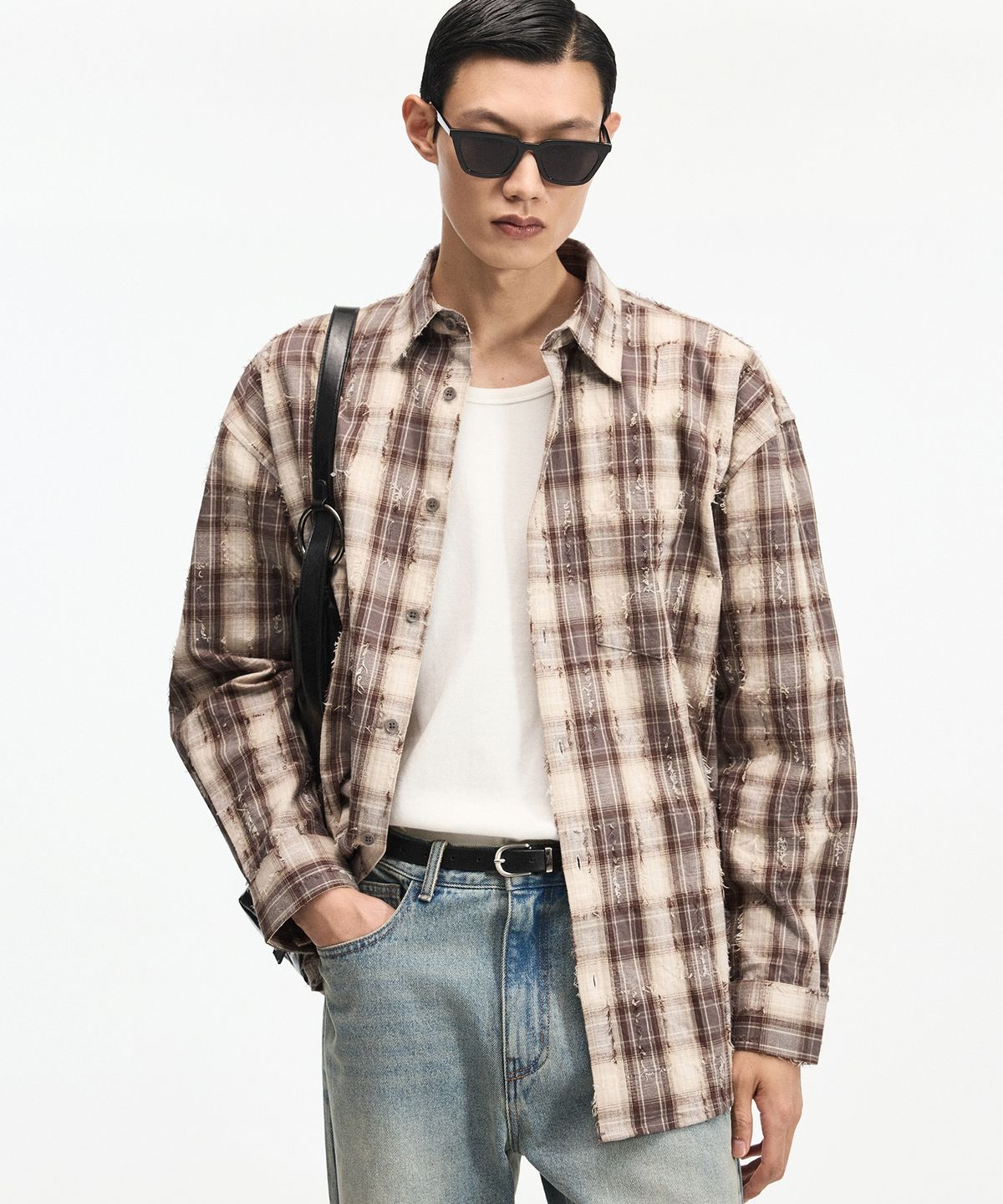 티엔지티(TNGT) Vintage Frayed Check Overshirt (Brown) TNSH6F106W2