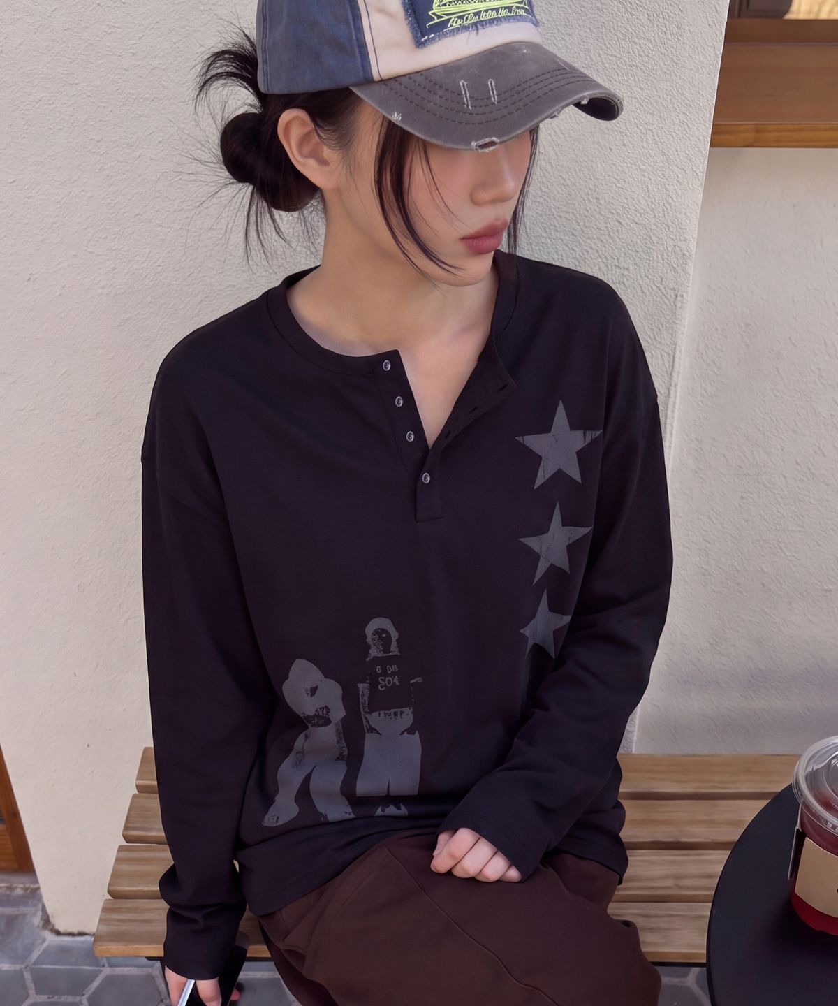 그레이버(GRAVER) [UNISEX]STAR 3 헨리넥 롱슬리브 티셔츠_Black
