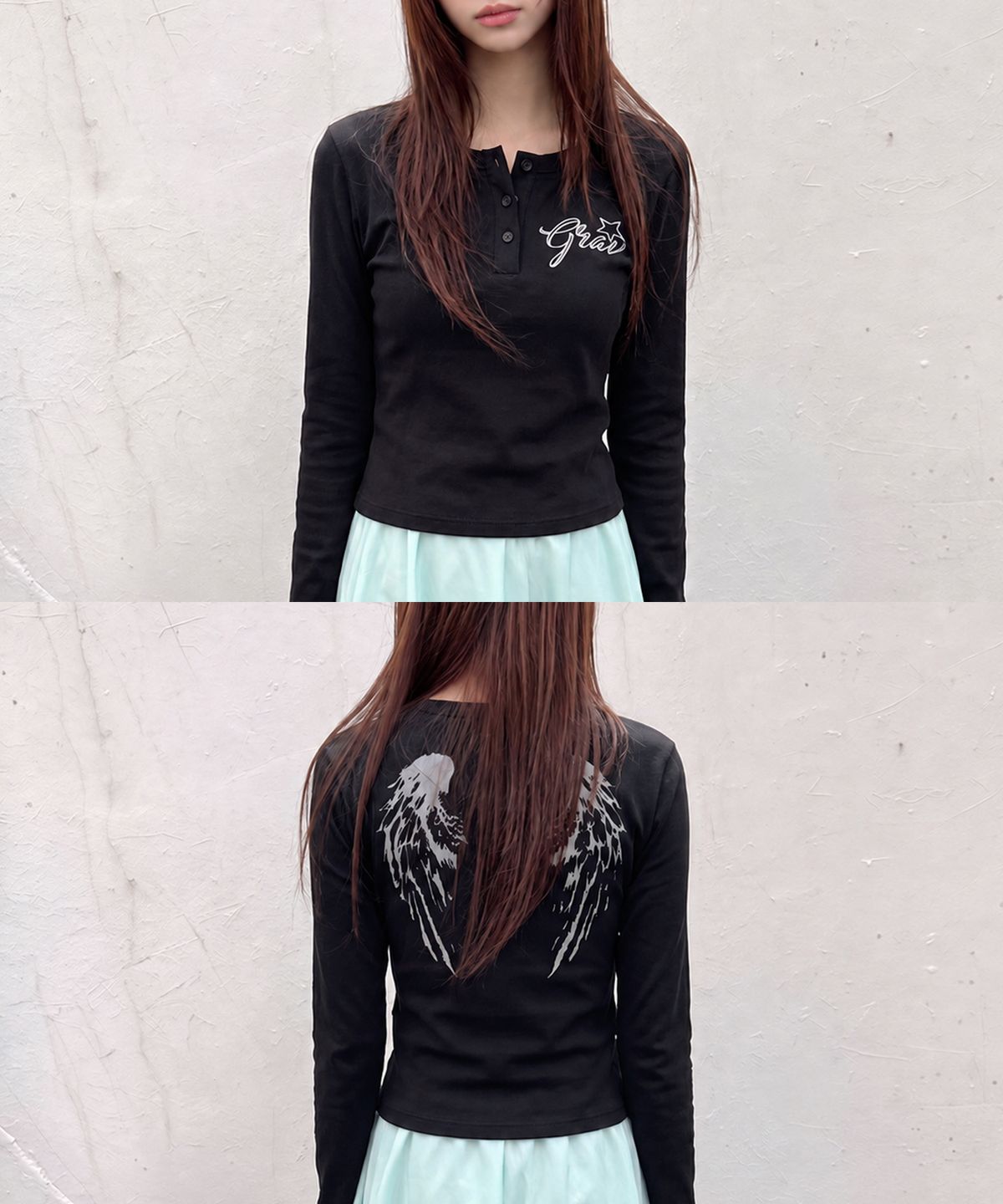 그레이버(GRAVER) [UNISEX]WINGS 헨리넥 롱슬리브 티셔츠_Black