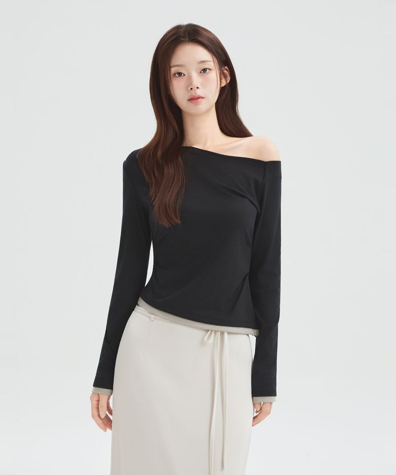 [RE] 원숄더 배색 드레이프 티셔츠 (RMHWG38R13) RMLWG49R17