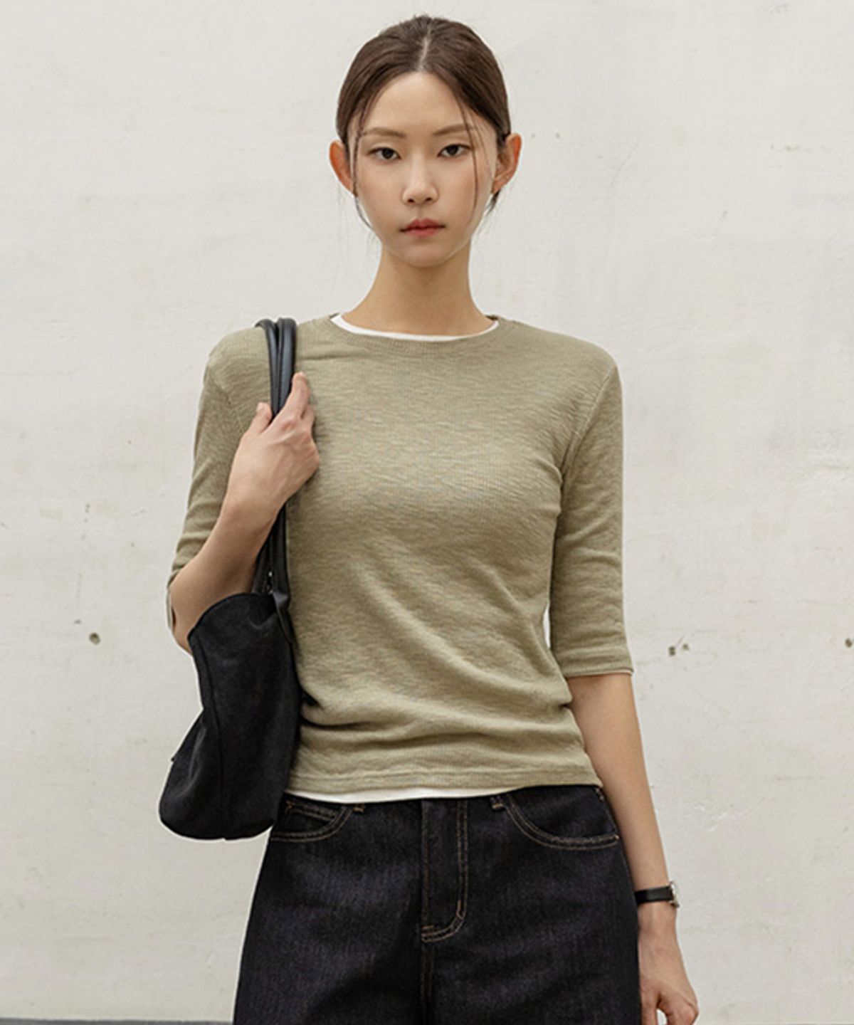 프렌치시크(FRENCHCHIC) 메이린 5부 골지 티셔츠_F6F653TS