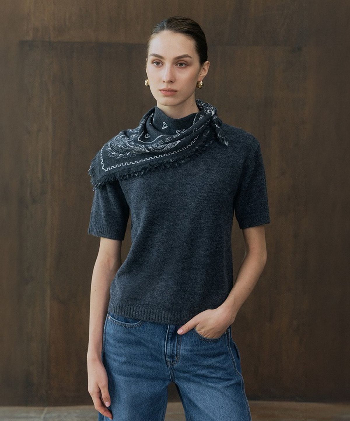 바니스뉴욕(BARNEYS NEWYORK) 26FW 니콜 하프슬리브+스카프 세트 그레이
