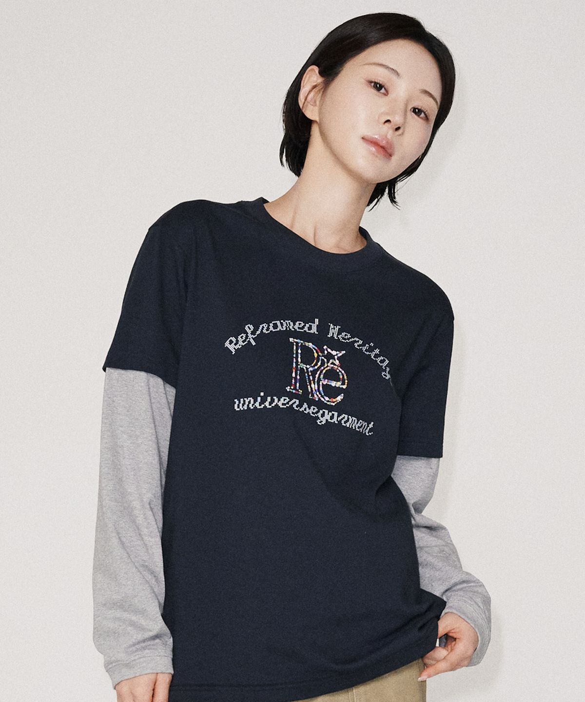 유니버스 가먼트(UNIVERSE GARMENT) 레이어드 그래픽 긴팔 티셔츠_NAVY