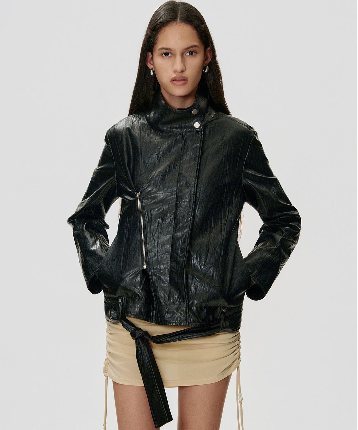킴지수(KIMZISU) Zip Tucked Faux Leather Jacket_BLACK
