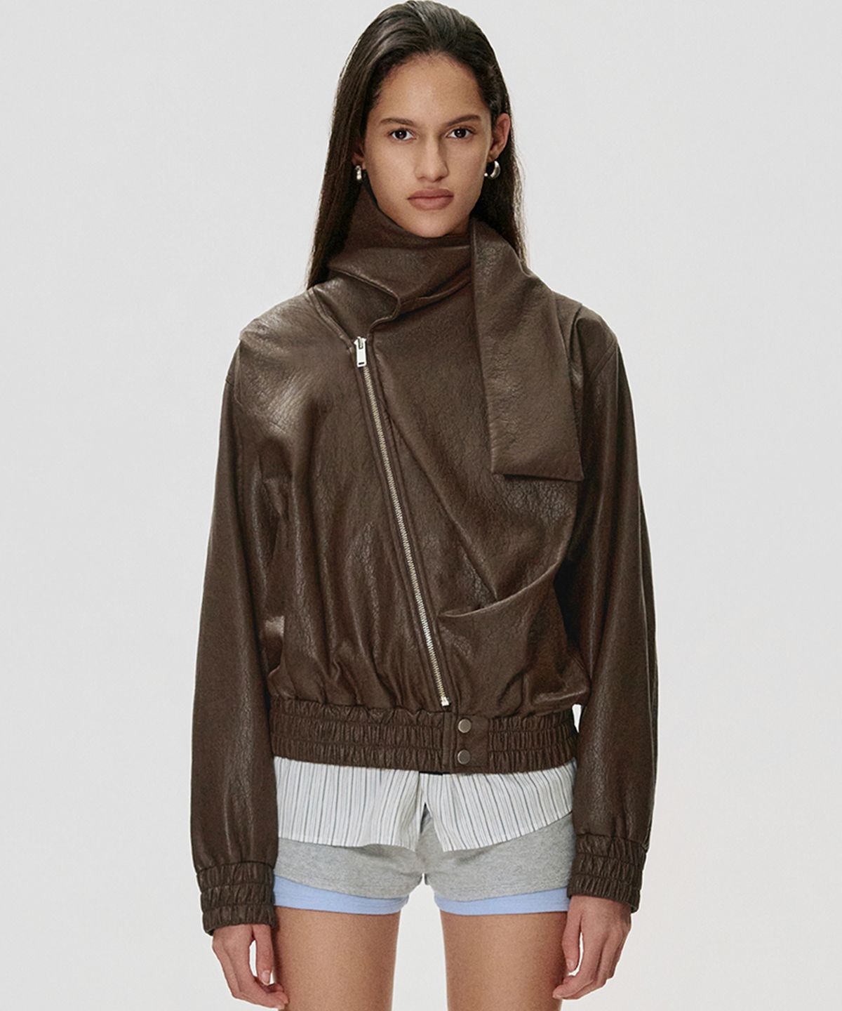 킴지수(KIMZISU) Scarf Faux Leather Jacket_BROWN