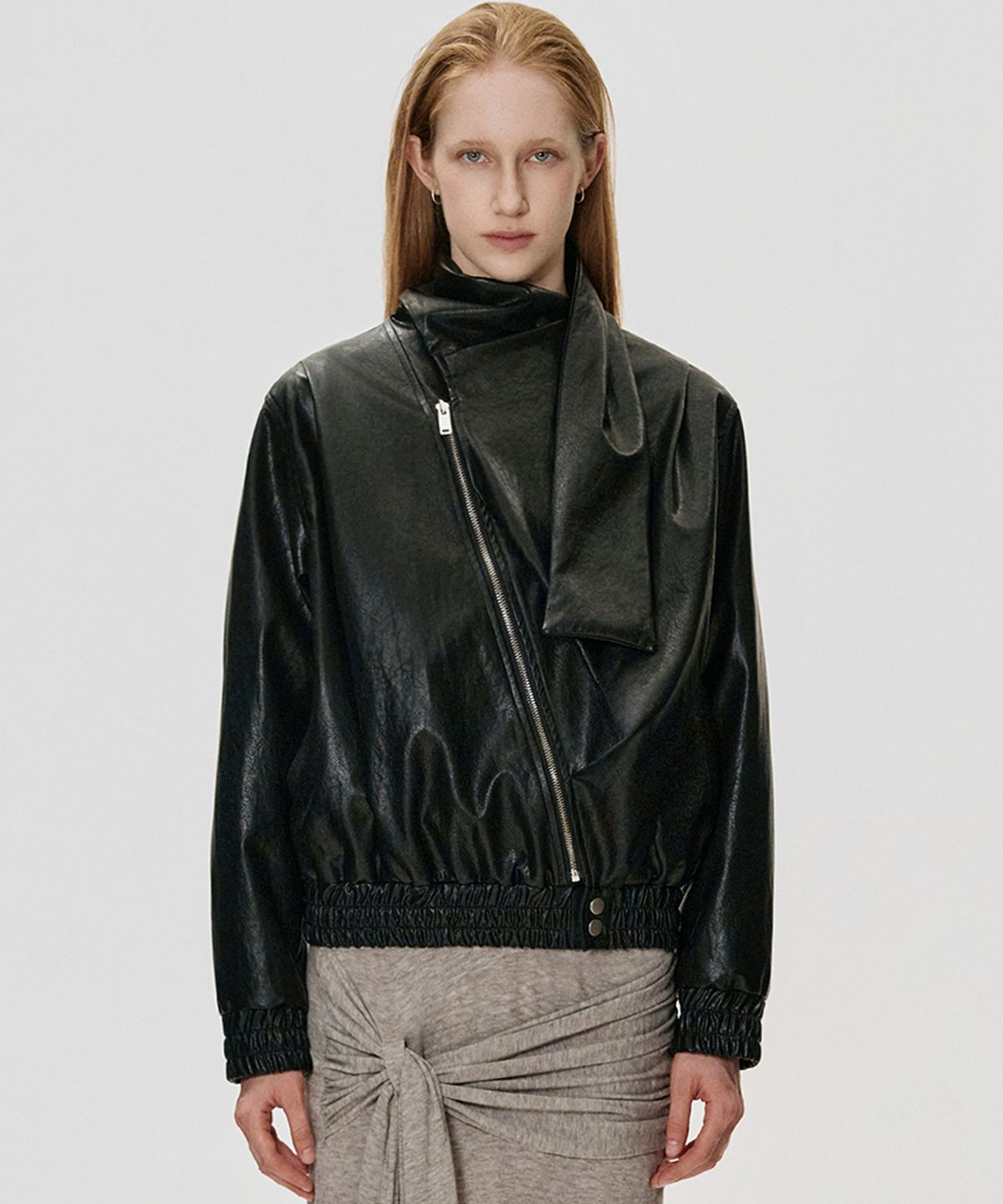 킴지수(KIMZISU) Scarf Faux Leather Jacket_BLACK