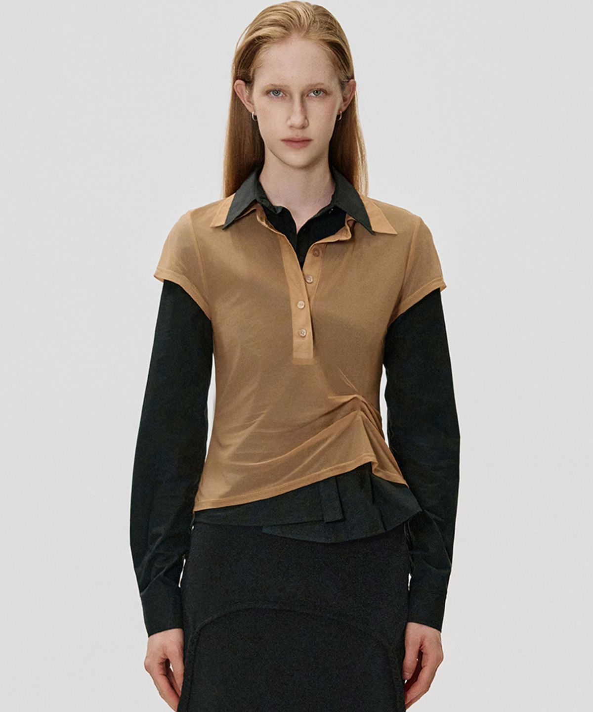 킴지수(KIMZISU) Sheer Draped Polo Jersey Top_SAND