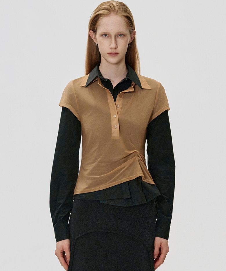 Sheer Draped Polo Jersey Top_SAND