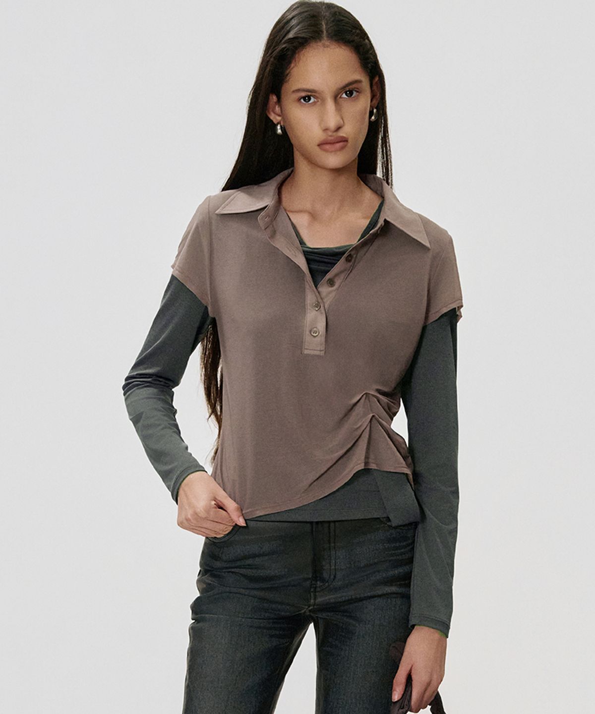 킴지수(KIMZISU) Sheer Draped Polo Jersey Top_TARO