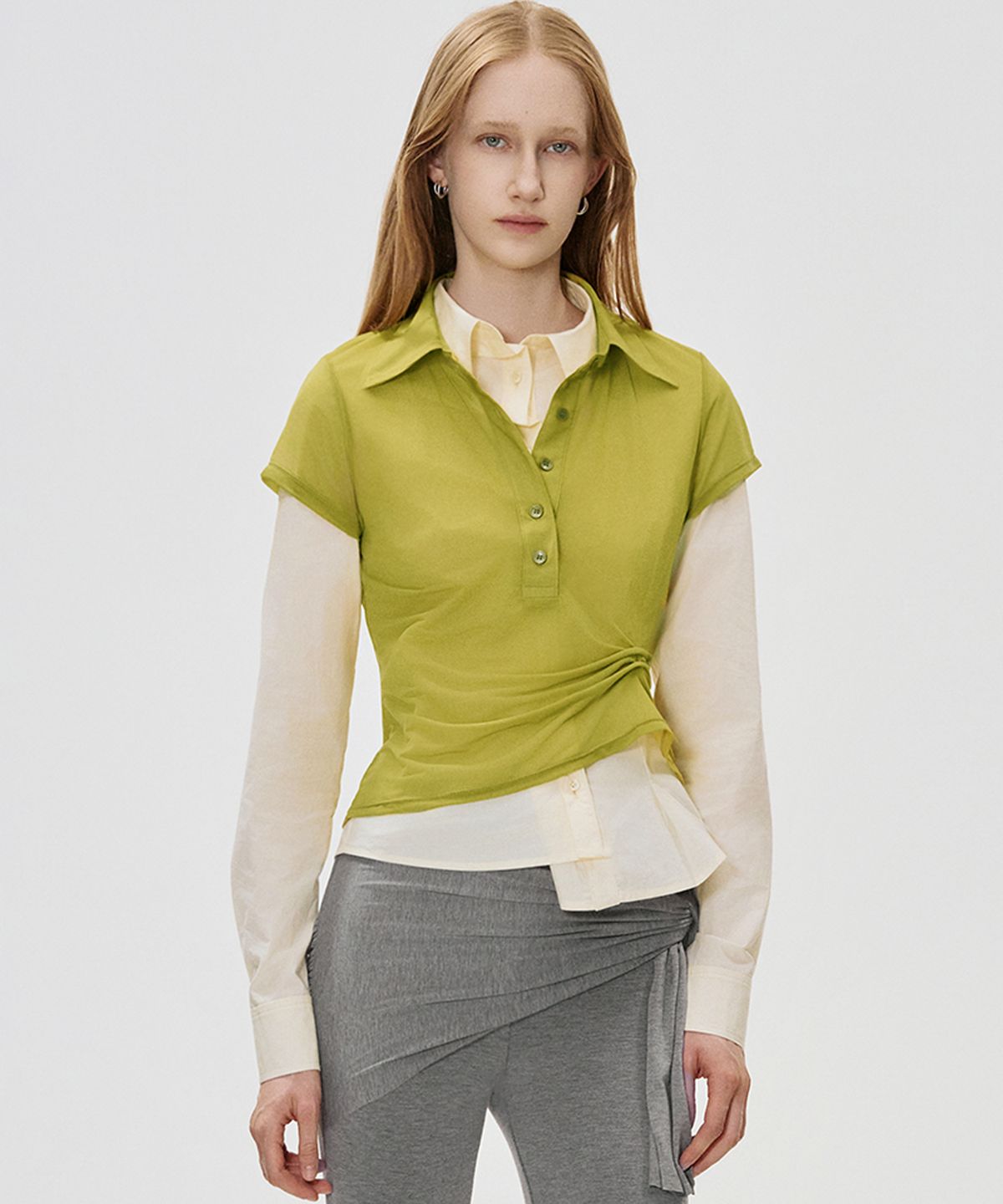 킴지수(KIMZISU) Sheer Draped Polo Jersey Top_OLIVE GREEN