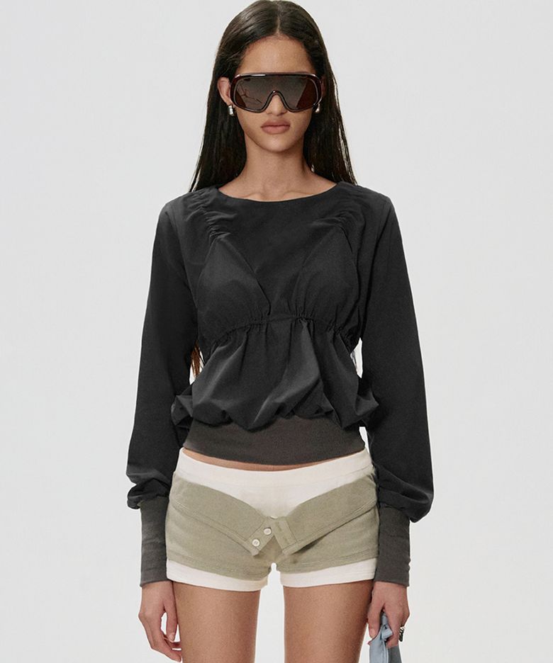 Bikini Shirred LS Top_CHARCOAL