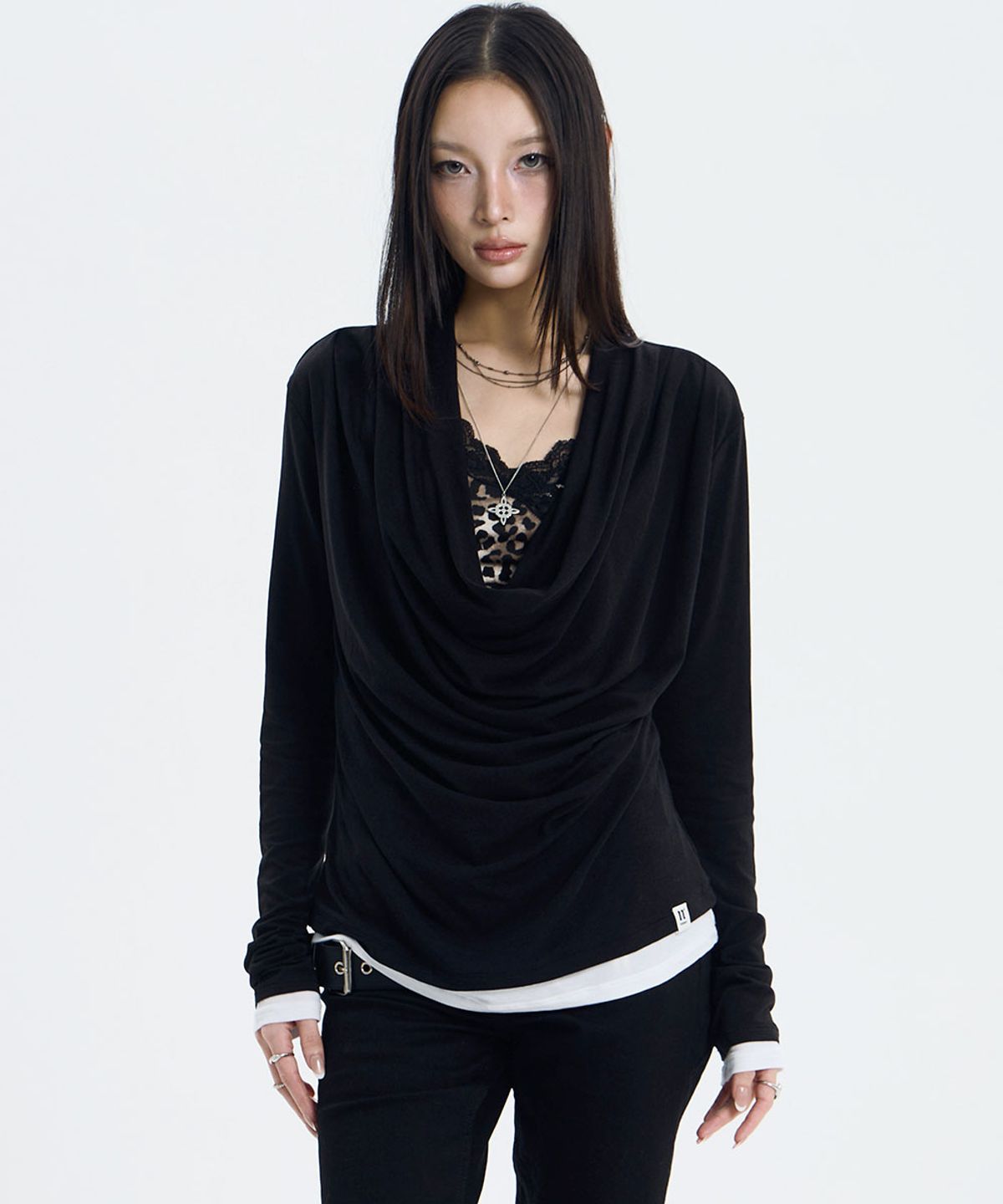 낫노잉(NOTKNOWING) Deep Cowl Layered Top (BLACK)