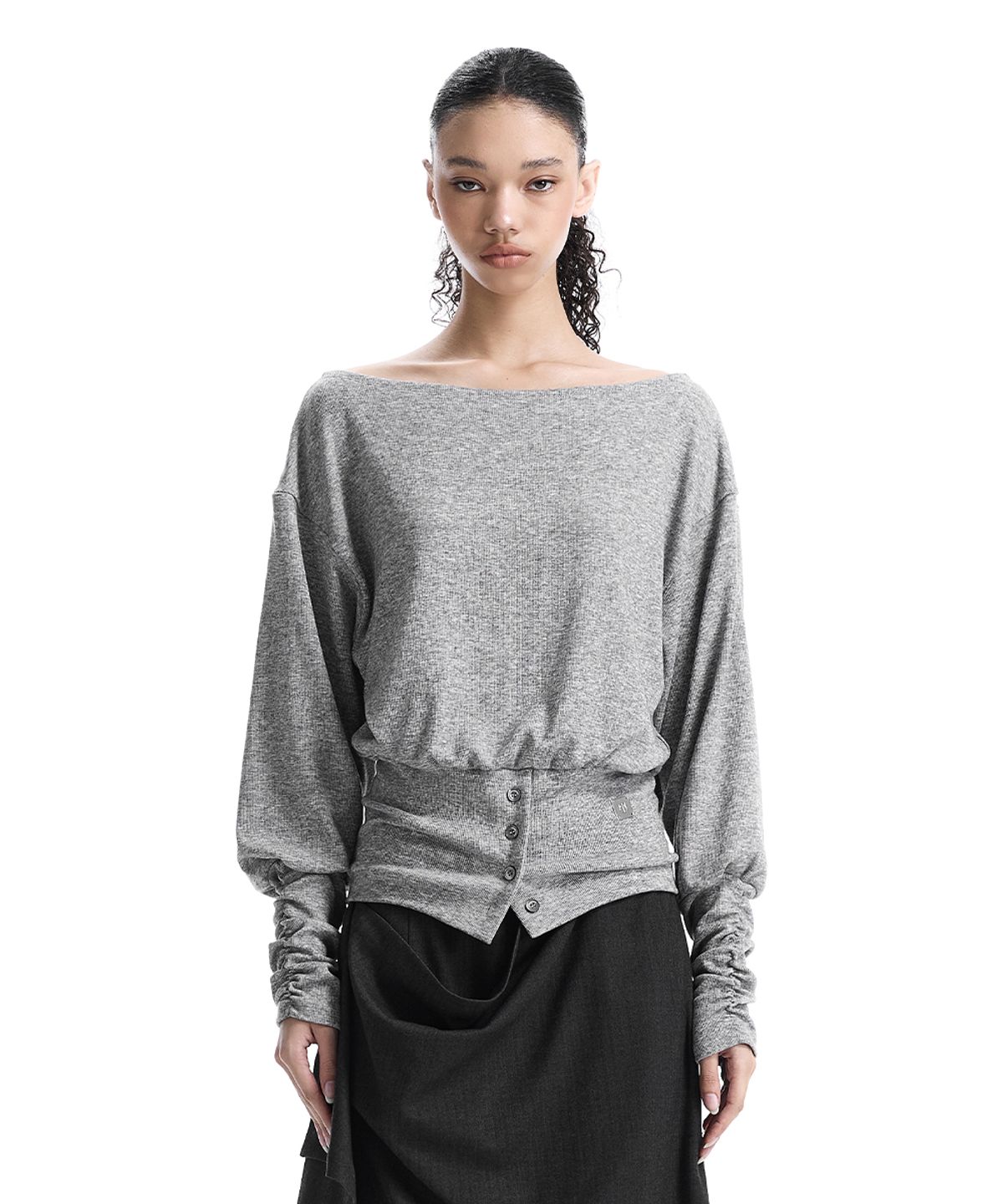 트리밍버드(TREEMINGBIRD) Banded-Waist Blouson Top [ Melange Gray ]