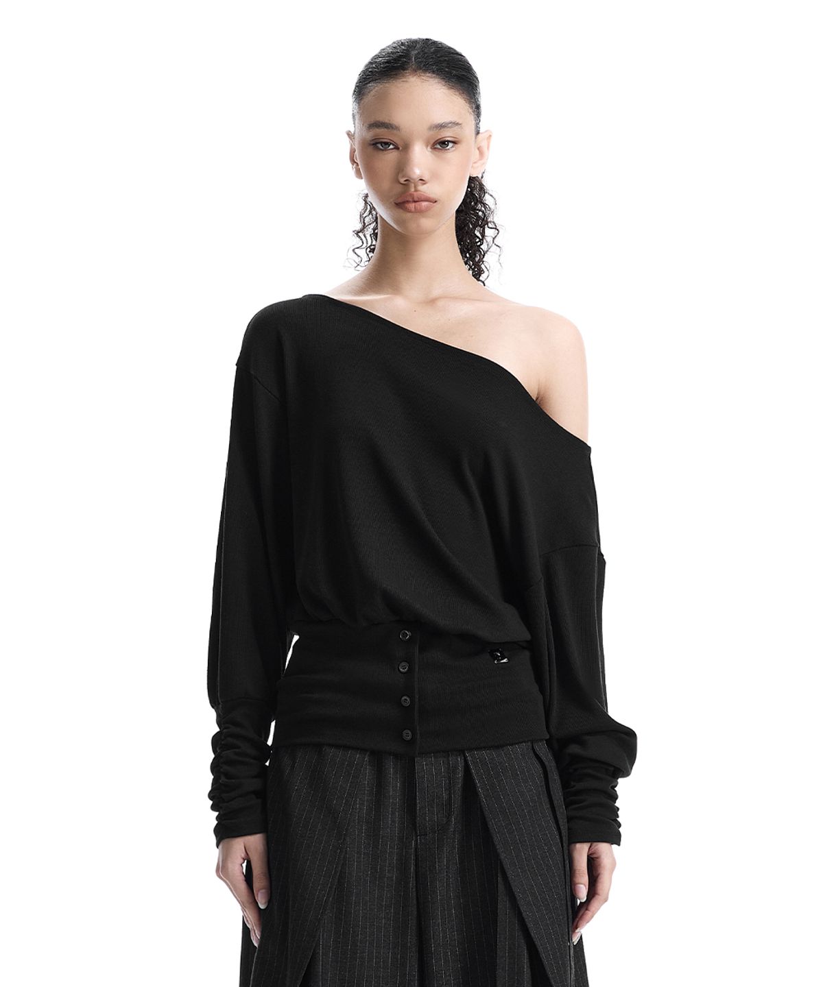 트리밍버드(TREEMINGBIRD) Banded-Waist Blouson Top [ Black ]