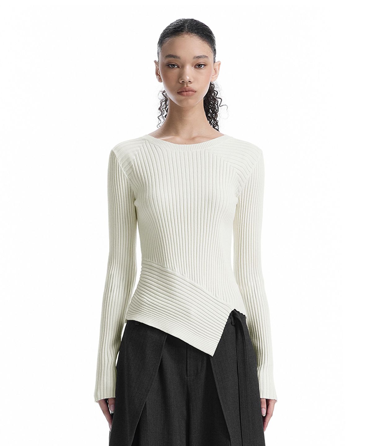 트리밍버드(TREEMINGBIRD) Asymmetric Ribbed Knit Top [ Ivory ]