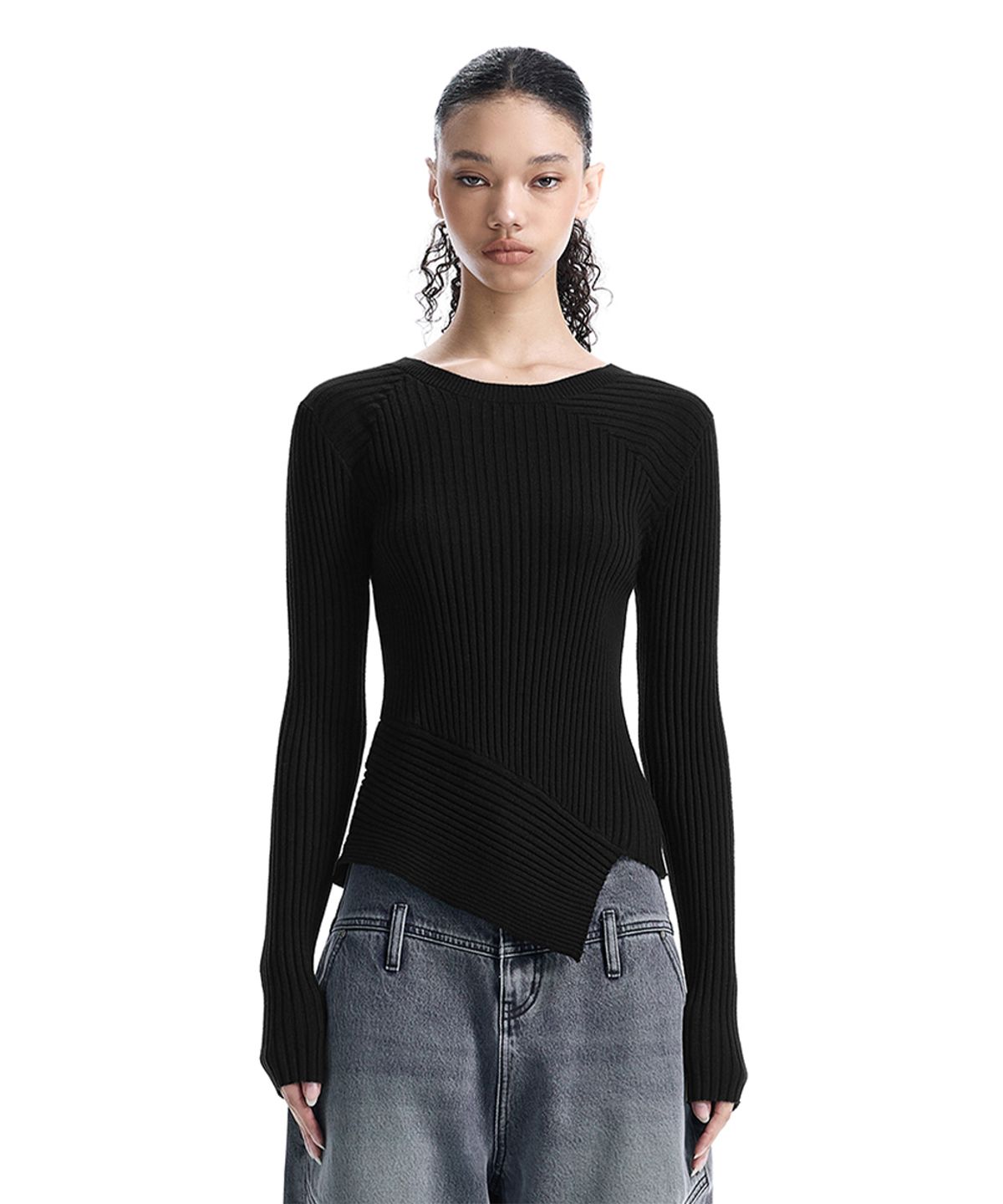 트리밍버드(TREEMINGBIRD) Asymmetric Ribbed Knit Top [ Black ]