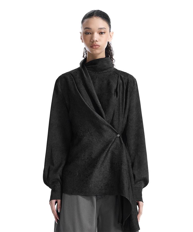 Draped High-Neck Blouse [ Black ]