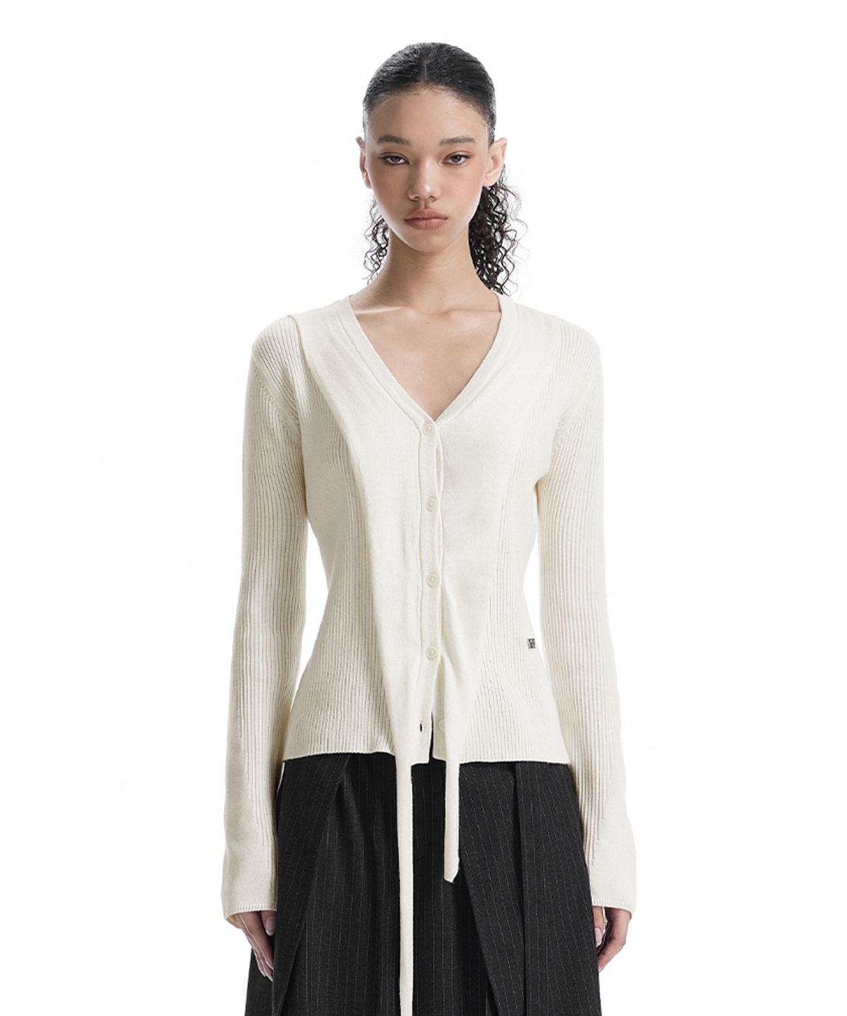 트리밍버드(TREEMINGBIRD) V-Neck Scarf Knit Cardigan [ Ivory ]