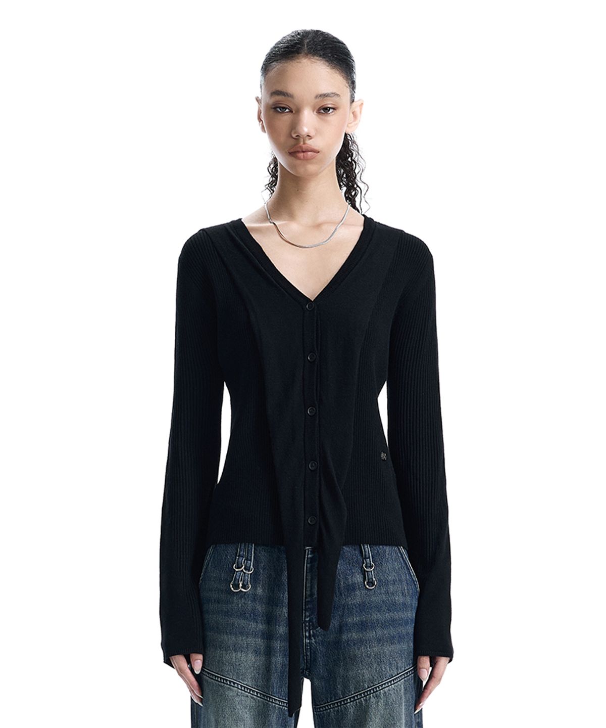 트리밍버드(TREEMINGBIRD) V-Neck Scarf Knit Cardigan [ Black ]