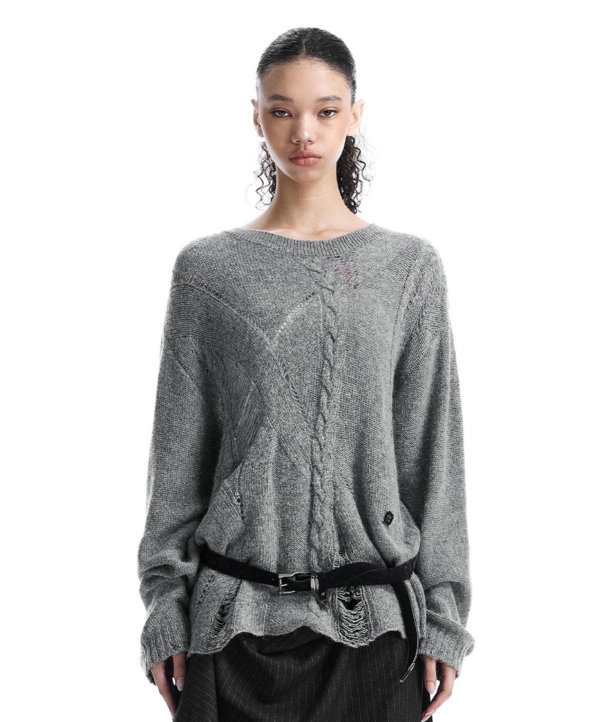 트리밍버드(TREEMINGBIRD) Distressed Cable-Knit Top [ Gray ]