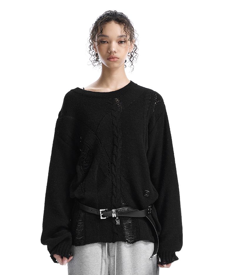 Distressed Cable-Knit Top [ Black ]