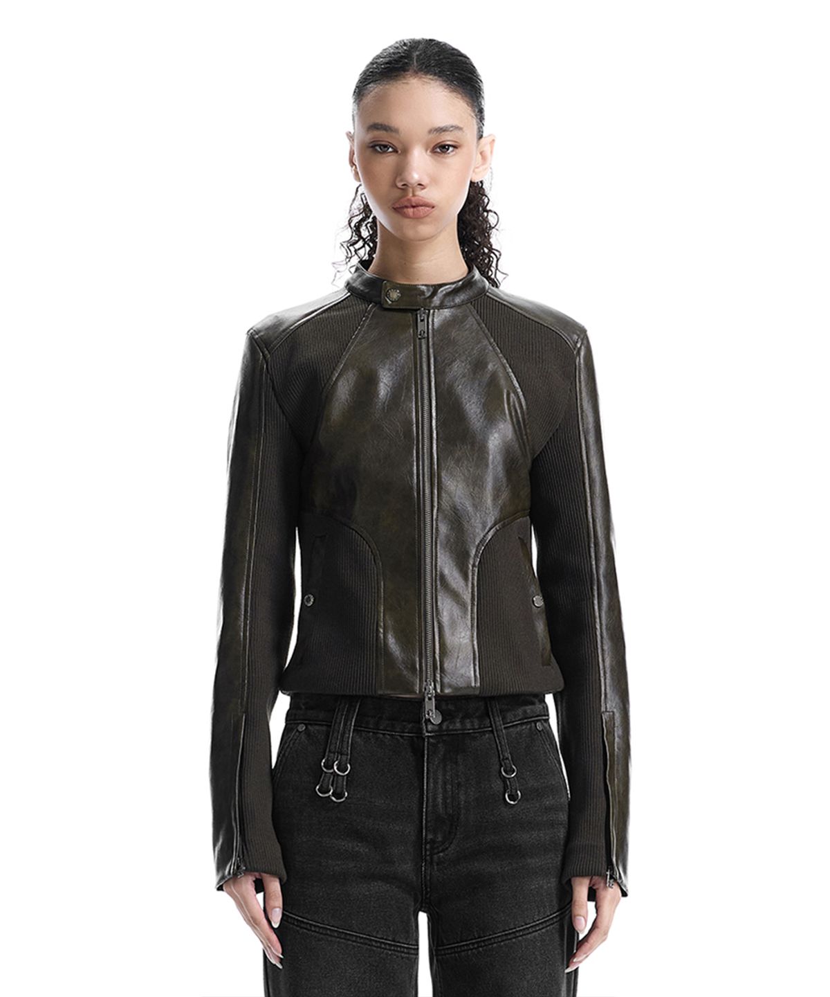 트리밍버드(TREEMINGBIRD) Rib Pannel Slim Fit Leather Jacket [ Brown ]