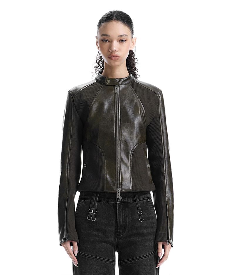 Rib Panel Slim Fit Leather Jacket [ Brown ]