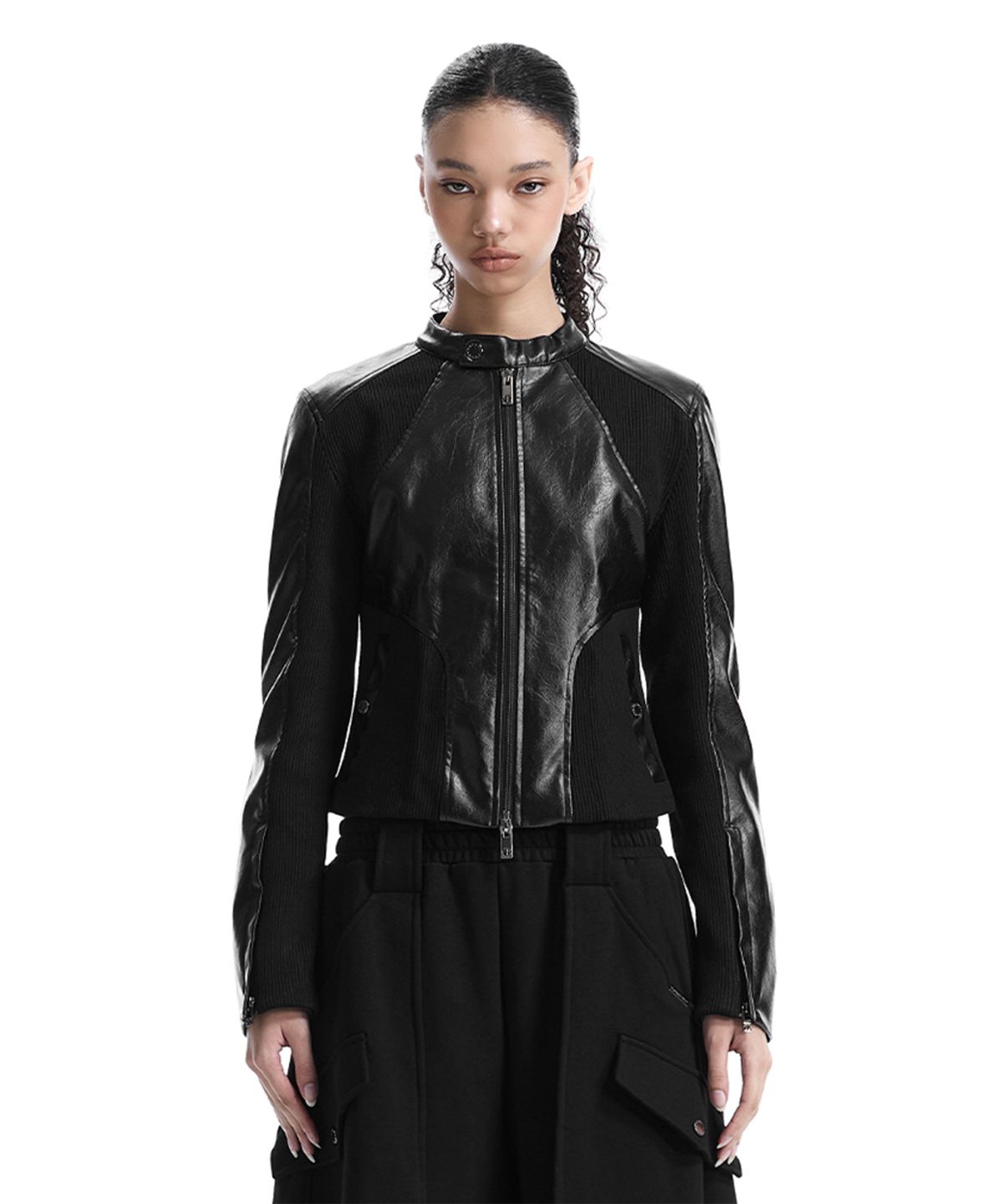 트리밍버드(TREEMINGBIRD) Rib Pannel Slim Fit Leather Jacket [ Black ]