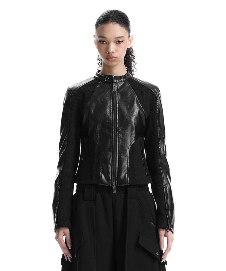 Rib Panel Slim Fit Leather Jacket [ Black ]
