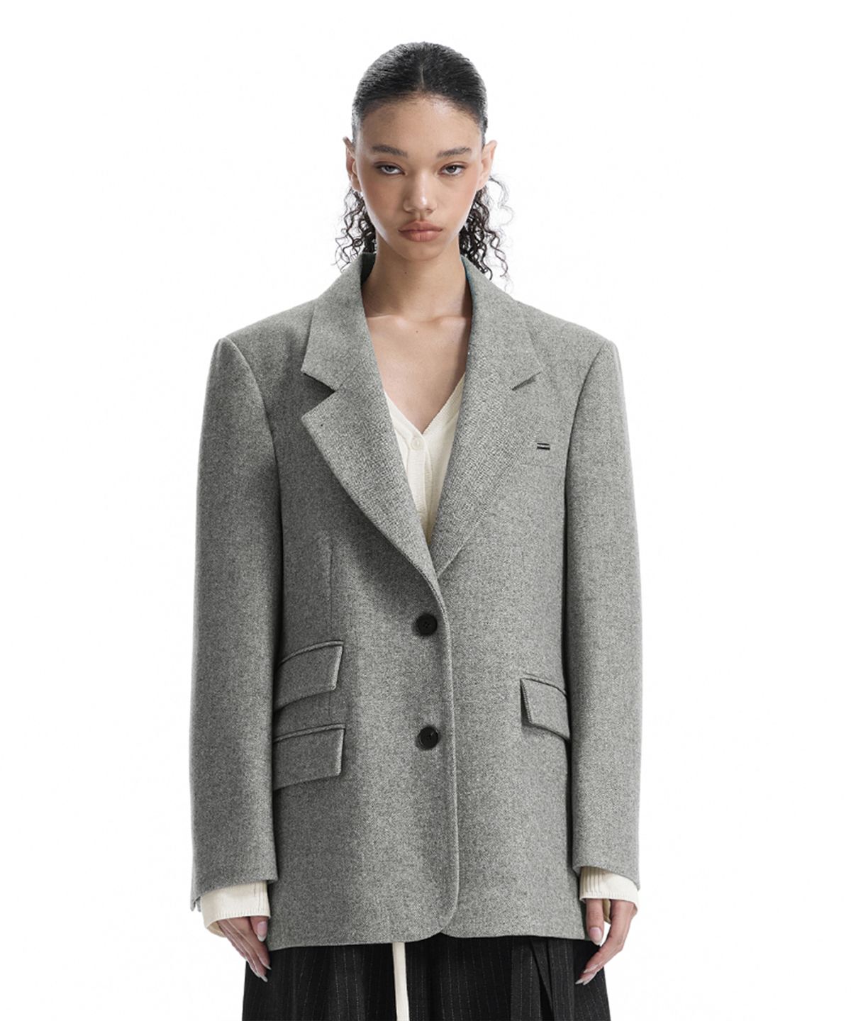 트리밍버드(TREEMINGBIRD) Back-Button Oversized Wool Blazer [ Gray ]