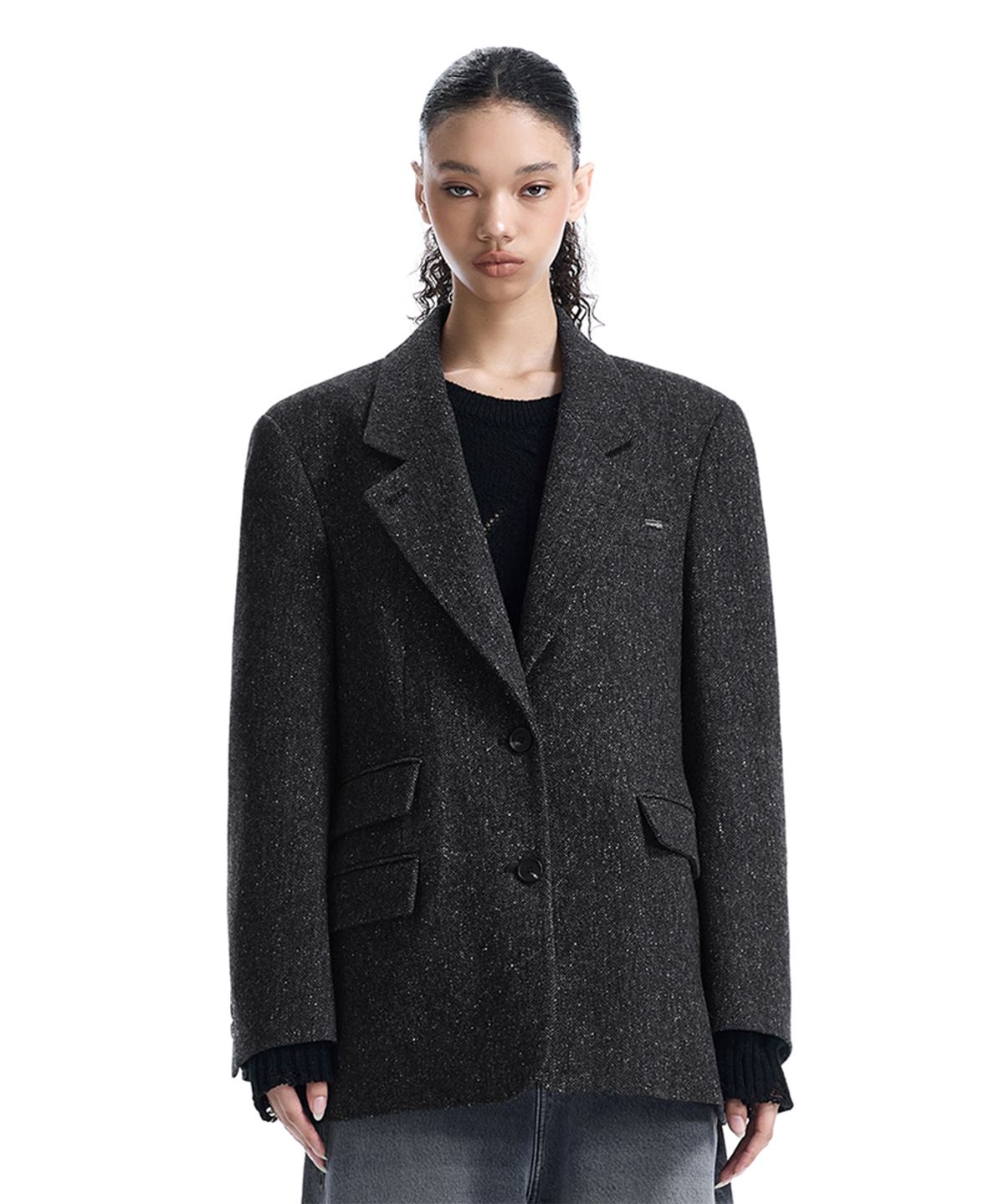 트리밍버드(TREEMINGBIRD) Back-Button Oversized Wool Blazer [ Charcoal ]