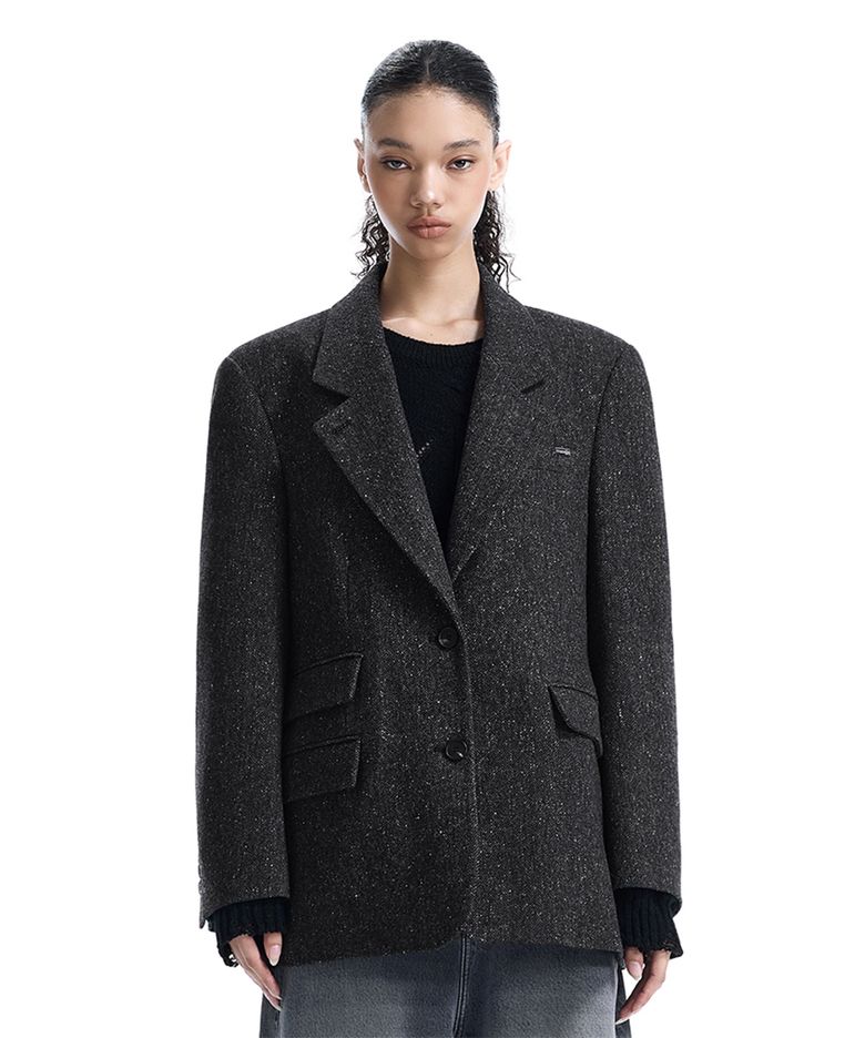 Back-Button Oversized Wool Blazer [ Charcoal ]