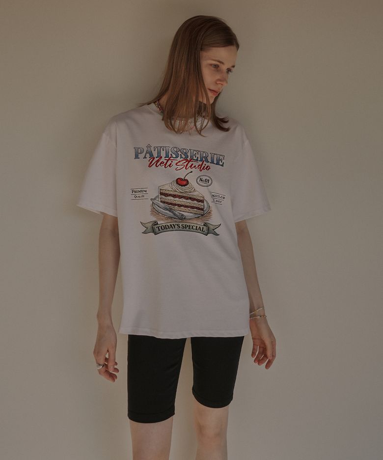 Cotton Oversized Lettering&Cake Print Tee (white)